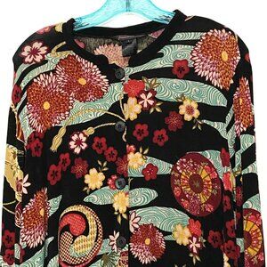 Francesca Rose Button Front Sweater Women L Bloomcore Boho Asian Oriental Floral